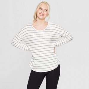 A New Day Women's White and Gray Striped V Neck Long Sleeve Sweater Size XL